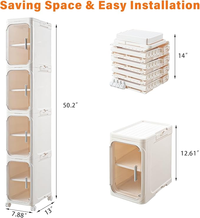 4-Tier Slim Bathroom Storage Cabinet, Tall Narrow Storage Cabinet with Movable Wheels, Adjustable Shelves, Skinny Bathroom Storage Organizer for Small Space, Bathroom, Kitchen, Laundry, Cream White