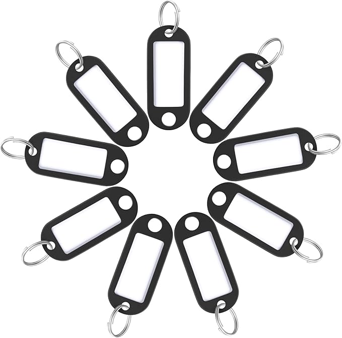 Uniclife 40 Pack Key Tags 2 Inch Plastic Key Chain Tags with Label, Black | Writable key tags with clear windows, blank paper labels, protective films and split rings for easy item identification