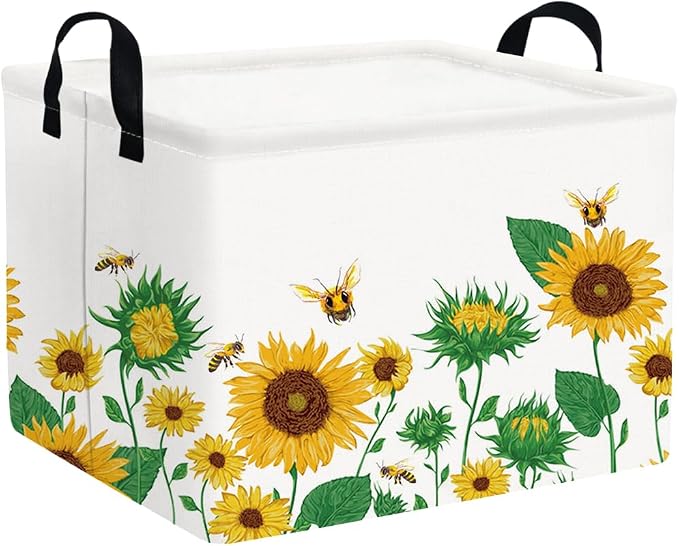FXOLCSHE Rectangular Sunflower basket,Waterproof Canvas kids Laundry Nursery Hamper,Storage Baskets for Bedroom,Yellow Hamper,Gift Basketsr(Sunflower)
