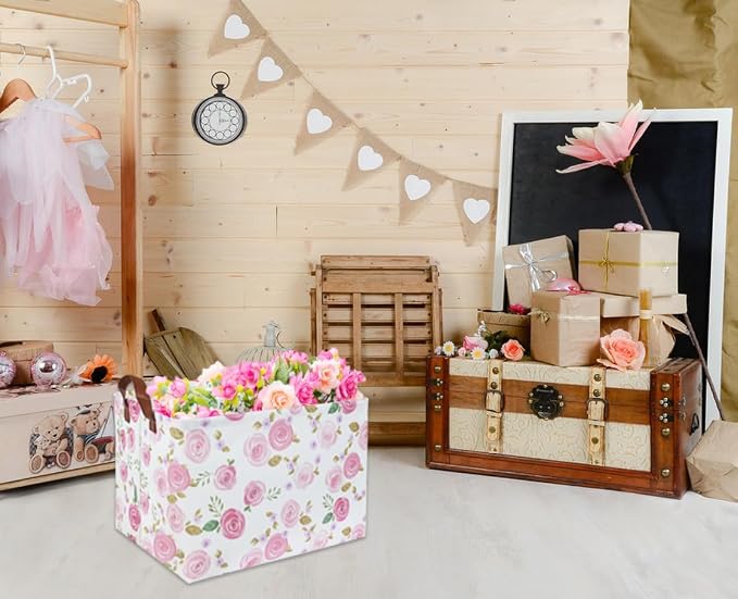Rose Pink Baby Basket Nursery Baskets Girl Baby Storage Bins Rectangular Cute Kids Toy Storage Bin Organizer Book Shelf Basket Rose Room Decor(Pink Rose)
