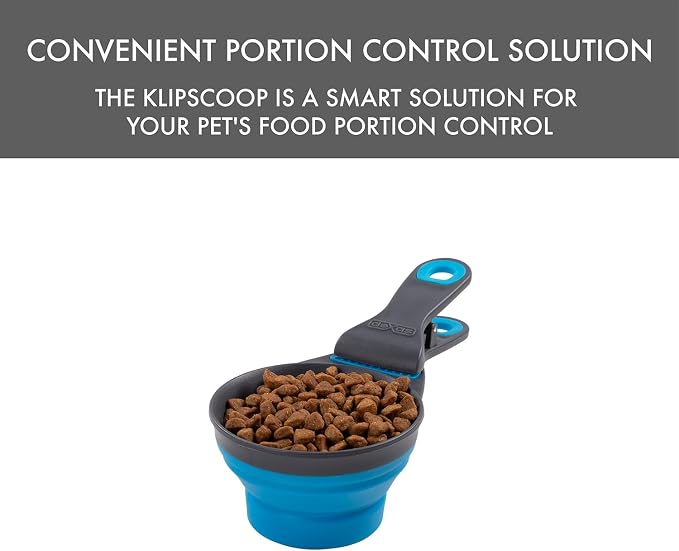 Dexas Popware for Pets Collapsible Klip Scoop, 3-in-1 Pet Food Scoop, Measuring Cup and Bag Clip, 1 Cup Capacity, Pro Blue