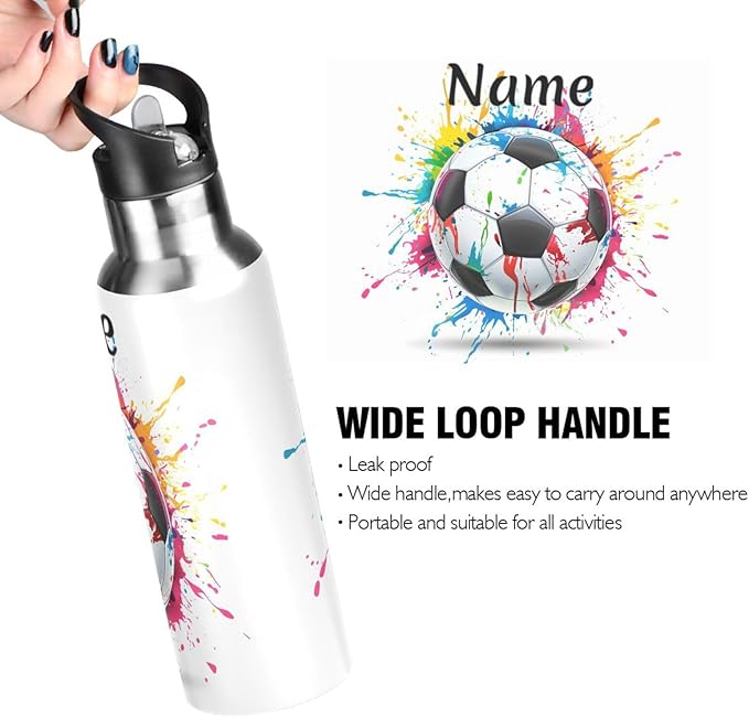Custom Name Soccer Ball Colorful Water Bottle with Straw Lid Kids Insulated Stainless Steel Water Flask Sports, 20 Oz Hot Cold