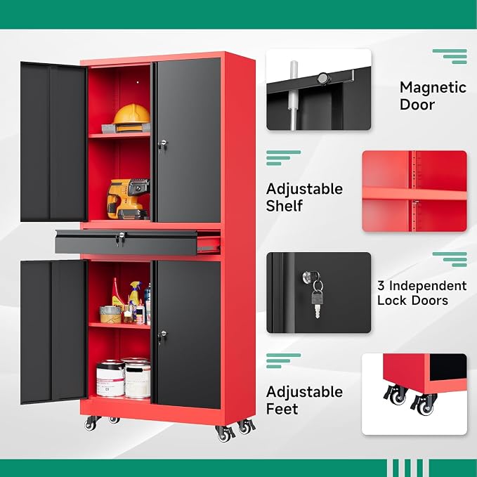 Metal Garage Storage Cabinet with Wheels,Rolling Tool Cabinet with Adjustable Shelves and Drawer for Garage Home Utility Room (Red)