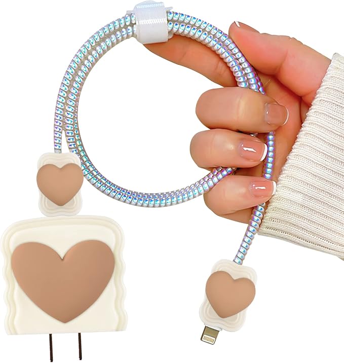 CameCosy DIY Cable Protector for iPhone Charger,Cute Protectors for Type-C Data Cable with 3D Print Love Heart Pattern Data Line Phone Wire Saver Protector for iPhone 11 12 13 14 Pro Max-Beige