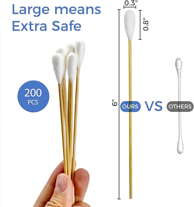 GOLD HONEY 6 Inch Large Cotton Swabs, 200PCS Dog Ear Swabs with Bamboo Handle for Dogs, Pet-Specific, Gentle Design, Lint-Free, Pet Cotton Stick Ear Cleaning