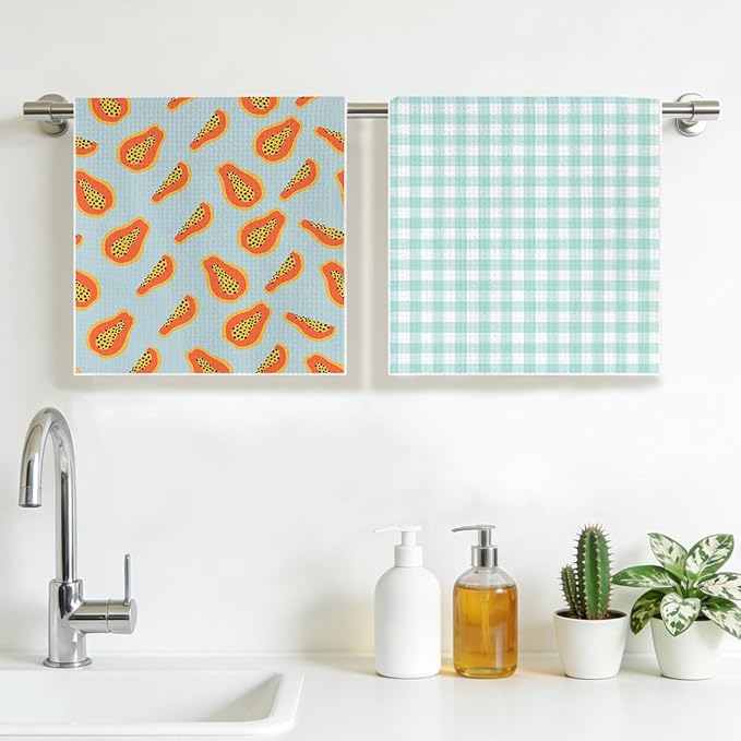Papaya and Green Checkered Kitchen Towels, Quick Dry Multipurpose Waffle Weave Hand Towels for Bathroom, Absorbent Reusable Cloth Tea Dish Towels for Home Decor, Papaya Lover Gift Towel Set of 2
