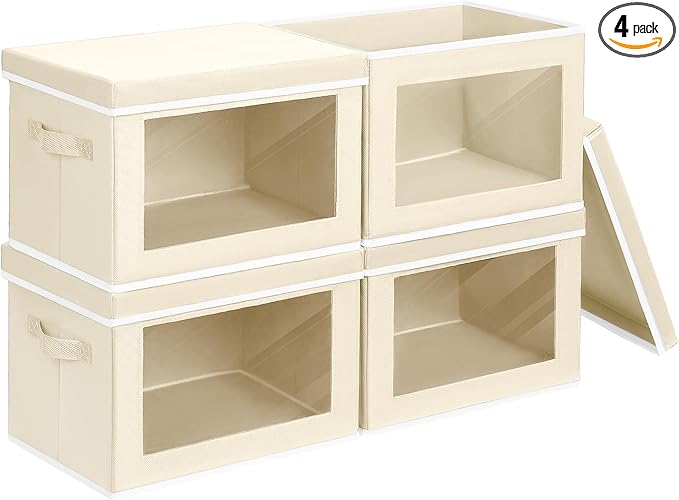 Storage Bins with Lids - Small Fabric Organizers with Window, Collapsible Storage Bins for Clothes, Decorative Closet Organizers for Towels, Tshirt, 4 Pack, Beige