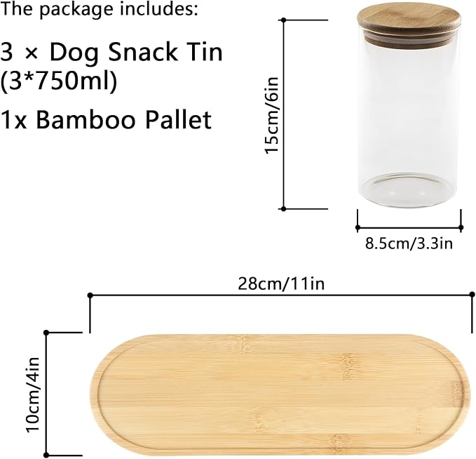 Dog Treat Jar-Dog Treat Container-with 3 Glass Jars and1bambootray,Fashionable Treat Containers with Lids for Pets-Cat Treat Container Glass & Bamboo Combo Set,for Cat Dog Treat Organizer(3 * 25oz)