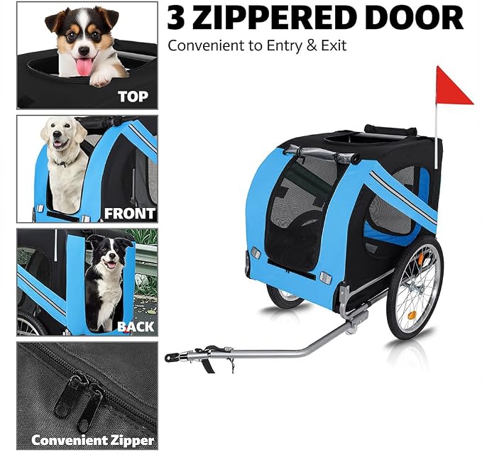 Dog Bike Trailer, Foldable Pet Bicycle Trailer with 20" Air-Filled Wheels, Universal Bike Hitch, Oxford Fabric & Steel Frame, Weather-Resistant Pet Carrier Cart for Small & Medium Dogs up to 66