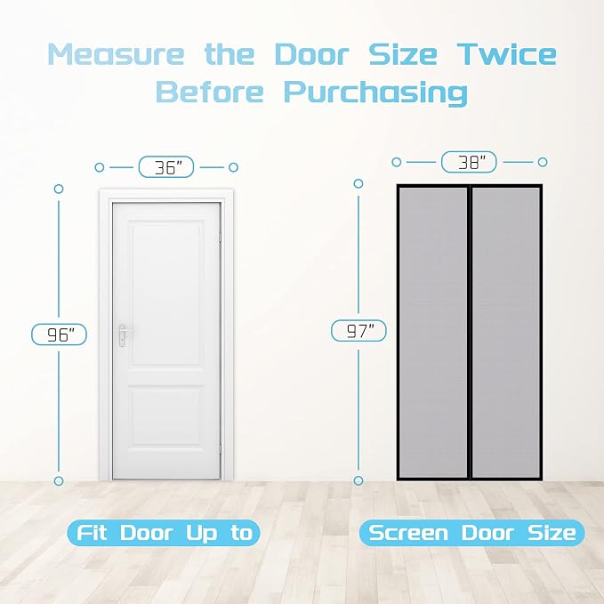 TheFitLife Fiberglass Magnetic Screen Door - Heavy Duty Mesh Curtain with Full Frame Hook and Loop Powerful Magnets That Snap Shut Automatically (38''x97'' - Fits Doors up to 36''x96'' Max) | 38"x97" - Fits Doors up to 36"x96" Max, Gray, with Full Fram...