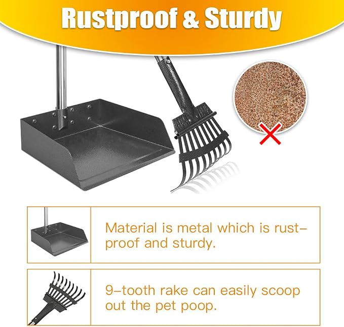 TOOGE Metal Pooper Scooper for Dogs Heavy Duty Long Handle Rake & XL Tray | Poop Scooper for Large Dogs with 9”W 9.5”L Extra Large Tray for Yard, Grass, Dirt & Gravel