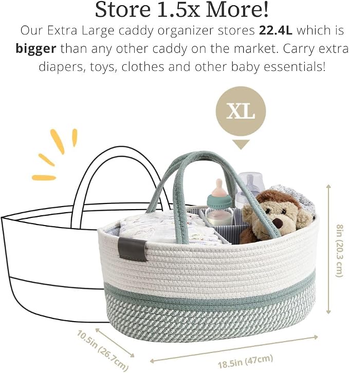 DECOMOMO XL Baby Caddy Organizer, Extra Large Diaper Caddy Basket | Baby Baskets for Baby Shower Gifts (Sage Green & White)