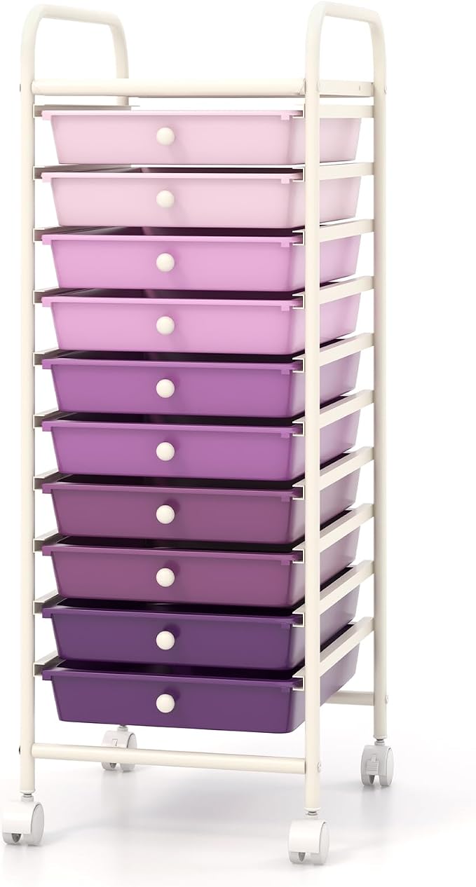 10 Drawer Rolling Storage Cart, Organization Cart on Drawers for Craft Makeup Paper Tool Art Supply, Versatile Utility Cart on Wheels for Home Office Classroom School (Gradient Purple)