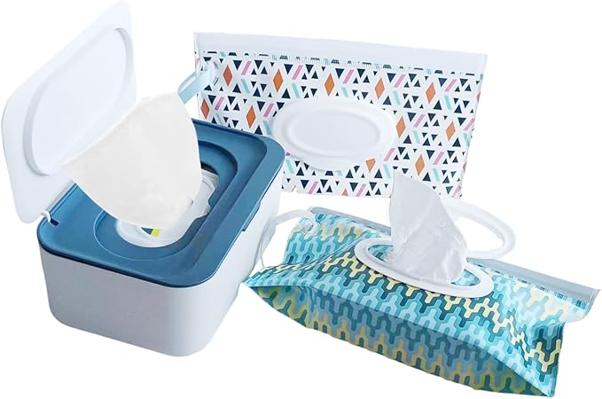 Wipes Dispenser Set,1 Wipe Box & 2 Portable Pouches,White Blue | Refillable Reusable Large Wet Wipe Holder, Flushable Wipes Case Bathroom Wipes Container for Pet Nursery Kitchen Office