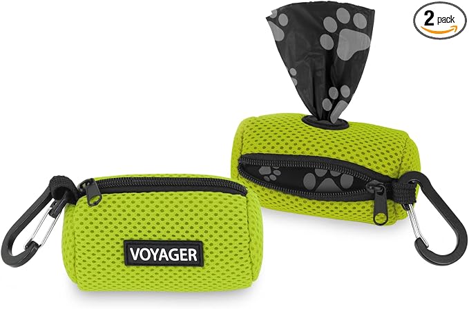 Best Pet Supplies Dog Poop Bag Holder Leash Attachment with Reusable Dispenser for Travel, Walking, Park, and Outdoor Use, Durable with Clip-On - Lime Green, Pack of 2, Mesh Dispenser w/30 Bags