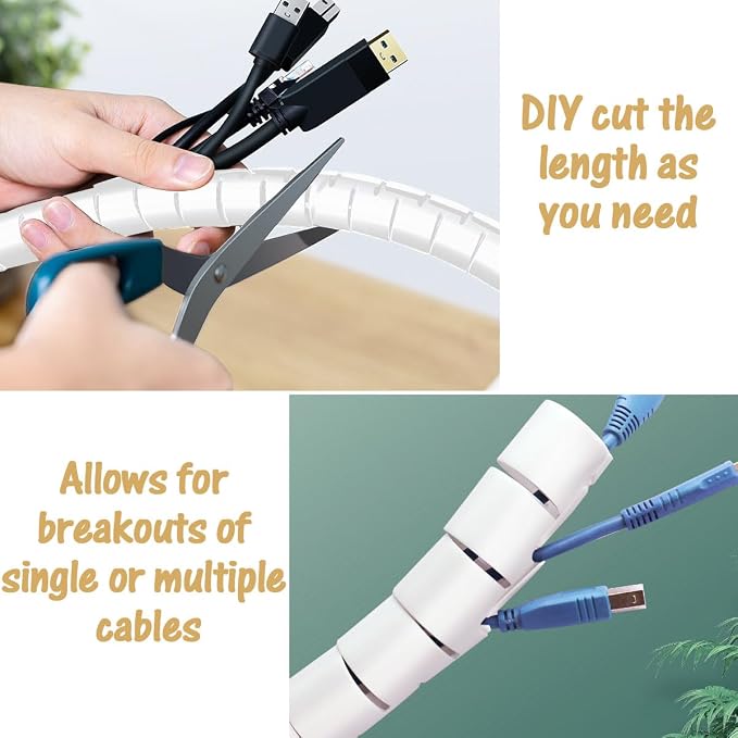 Large Cable Management White Computer Wire Sleeve Organizer Coiled Under Desk Tubes 2 PCS, 1.1 inch -5 ft EZ Spiral Cable Bundler Cover for TV Office, Pet Chew and Bite Proof Cable Protector