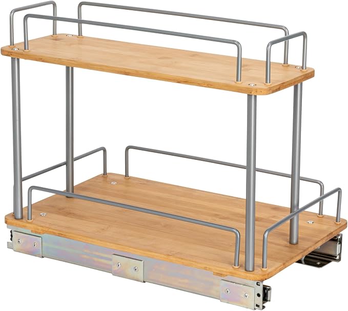 Household Essentials Bamboo and Silver Iron Two-Tier Slide-Out Organizer