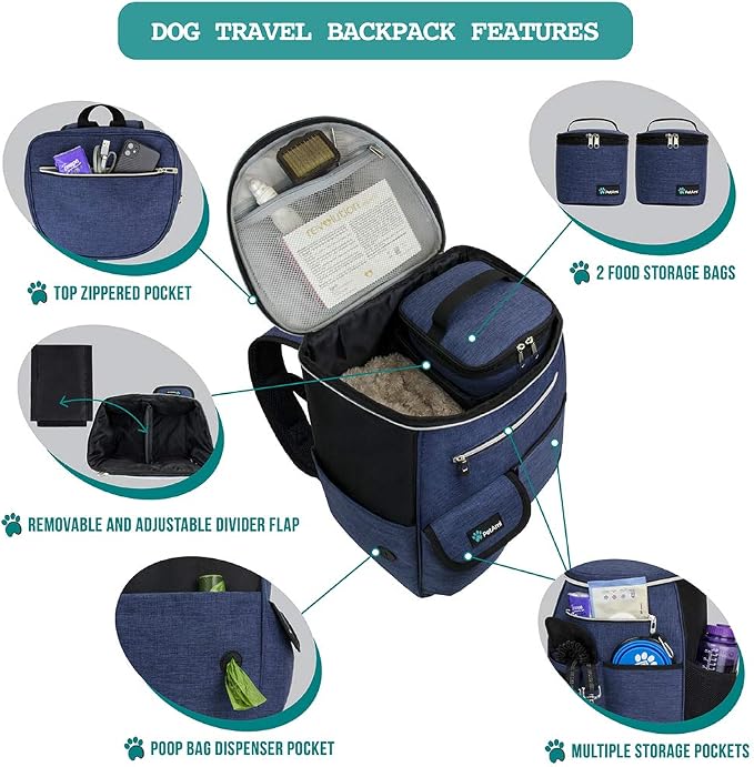 PetAmi Dog Travel Backpack 27L Airline Approved Pet Supplies Bag, Navy Blue | Cat Traveling Suitcase Organizer for Weekend Road Trip Camping; 2 Food Containers, 2 Collapsible Bowls & Poop Bag Dispenser
