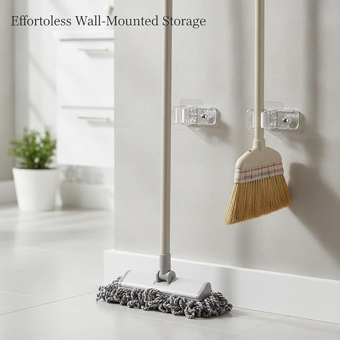 Clear Adhesive Mop Holder for Wall, No-Drill PET Plastic Hook for Brooms & Cleaning Tools, Compact Storage for Bathroom & Kitchen Tiles (1 Pack)