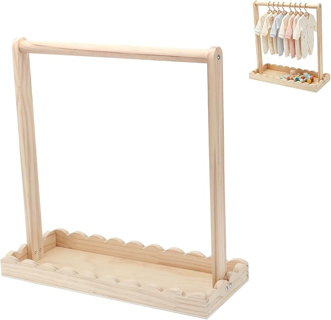 Wooden Baby Clothing Rack for Toddler, Baby Shower Crate Closet, Baby Storage Crate with Hangers, Pets Clothes Rack with Storage Box & Hanging Rod for Dogs Cats, Newborn Gifts Basket (Wavy)