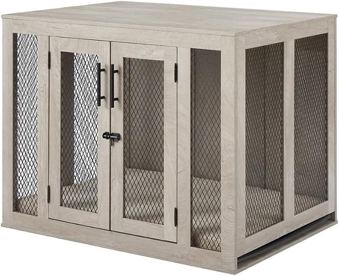 unipaws 38.5 Inch Large Dog Crate Furniture, Wooden Kennel for Large Breed | Indoor Decorative Wood Dog Cage, Inside Side End Table Crate with Tray and Dog Bed, Dog Enclosure