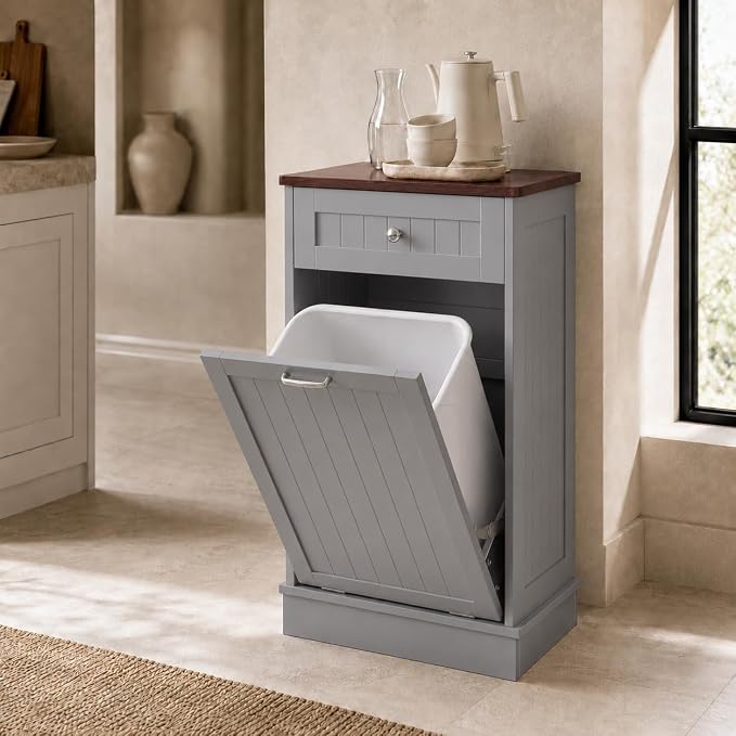KIGOTY Tilt Out Trash Can Cabinet, Laundry Hamper Cabinet, Kitchen, Gray