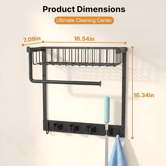 Broom Holder Wall Mount with Paper Towel Holder& Removable Anti-fall Basket | Broom and Mop Organizer Wall Mount Cleaning Supplies Organizer for Laundry Room, Apartment, Utility Room