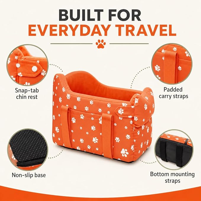 Dog Car Seat for Small Dogs 5-15 lbs, Tomato Red | Center Console Puppy Booster and Portable Travel Bed, Anti-Collapse Design with Washable Fluffy Cushion