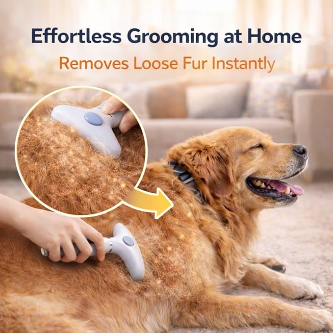 Self Cleaning Dog Brush for Shedding – Undercoat Rake for Dogs & Cats, Deshedding & Dematting Tool with Dual Stainless Steel Teeth, Removes Loose Fur for Thick & Double Coats
