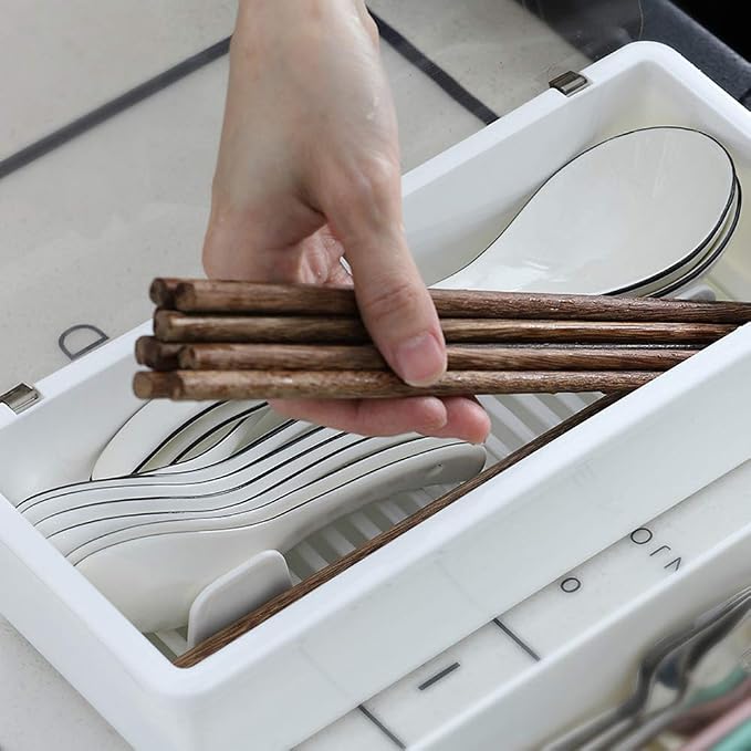 White Flatware Tray Kitchen Drawer Organizer With Lid And Drainer - Plastic Kitchen Cutlery Tray and Utensil Storage Container with Cover - 11.0 Inch Silverware Holder Drawer Organizer