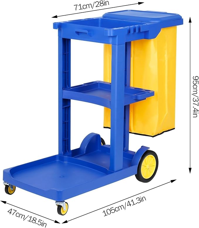 tonchean Commercial Janitorial Cart, 3-Shelf Housekeeping Cart with 22 Gallon Vinyl Bag & Cover, Large Cleaning Cart with Wheels for Hotel, Store, School, Office
