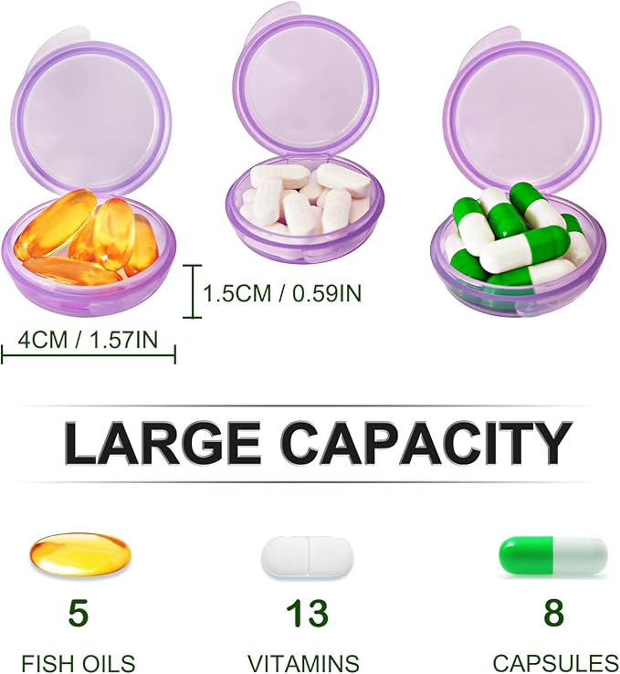 UHOUSE Small Pill Box (3 Pack), Daily Mini Pill Organizer Portable for Purse Pocket,Travel Pill Case Medicine Storage Container Earplug Case (Purple)