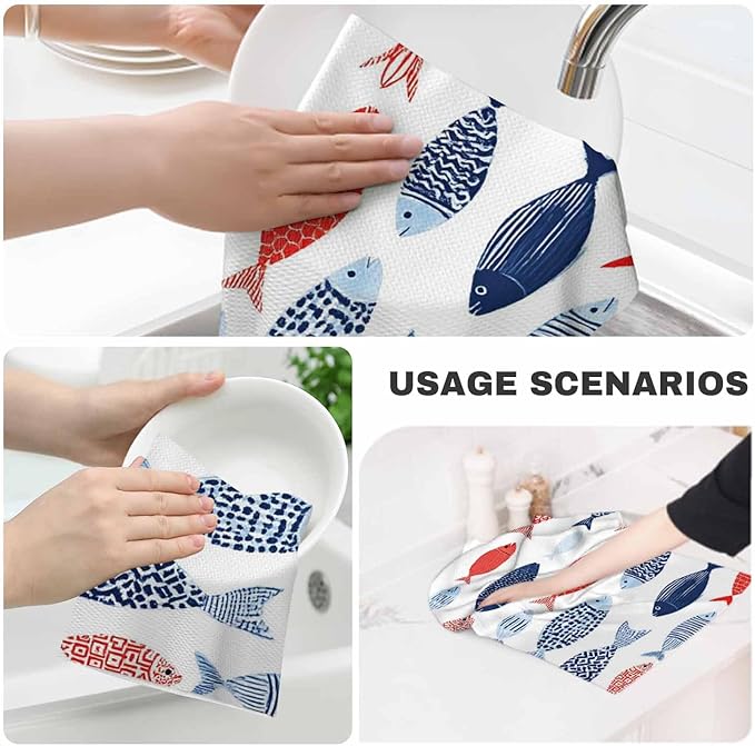 Decorative Fish Waffle Kitchen Dish Cloths Colorful Vintage Nautical Beach Abstract Fishes Ultra Soft Absorbent Quick Drying Dish Towels 16 X 24 Inches Set of 2