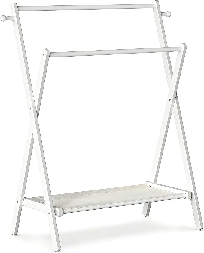 BAMBOOHOMIE Kids Clothing Rack, Small Clothes Rack for Toddler Pets, Kids Dress Up Rack with Storage Shelf & Double Rods, Foldable Kids Clothes Rack for Nursery Child's Room (Regular Size - White)