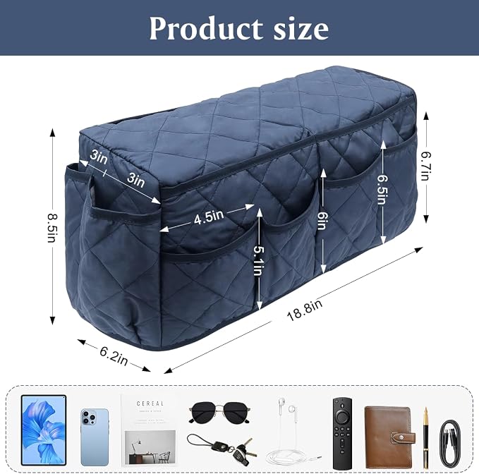Remote Control Holder, Non Slip Bedside Armchair Caddy, Recliner Arm Caddy Armrest Organizer with 14 Pockets for Cell Phone TV Remote Control Magazines, Dark Blue