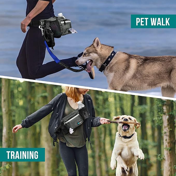 PetAmi Dog Fanny Pack, Treat Pouch for Dog Walking Training, Dark Gray | Built in Poop Bag Dispenser, Water Bottle Holder, Collapsible Bowl, Pet Treat Waist Belt for Hiking Running Kibbles