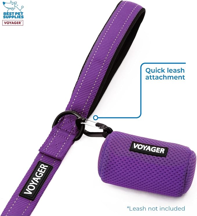 Best Pet Supplies Dog Poop Bag Holder Leash Attachment with Reusable Dispenser for Travel, Walking, Park, and Outdoor Use, Durable with Clip-On - Purple, Mesh Dispenser w/15 Bags