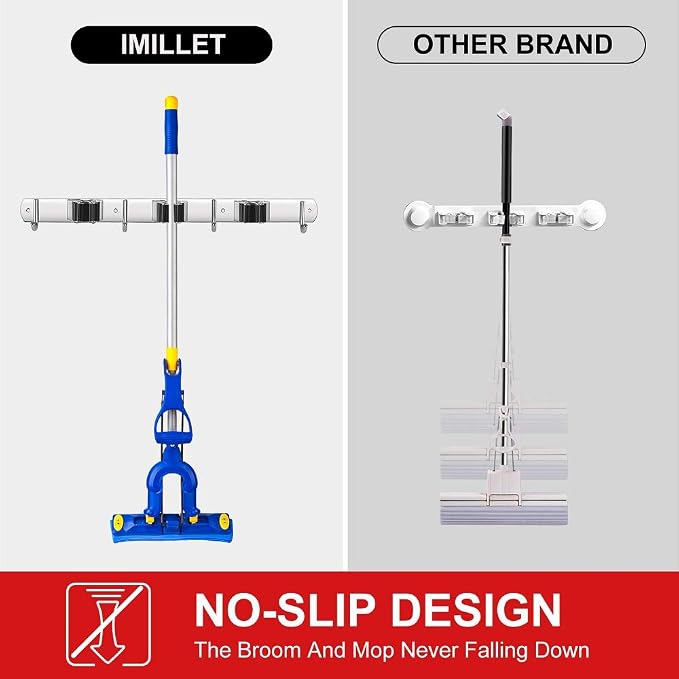 IMILLET 2 Pack Broom Holder Wall Mount Stainless Steel Mop Organizer | 3 Racks 4 Hooks Heavy Duty Garage Organization Storage,Broom and Mop Organizer Wall Hanging Self Adhesive for Laundry Room