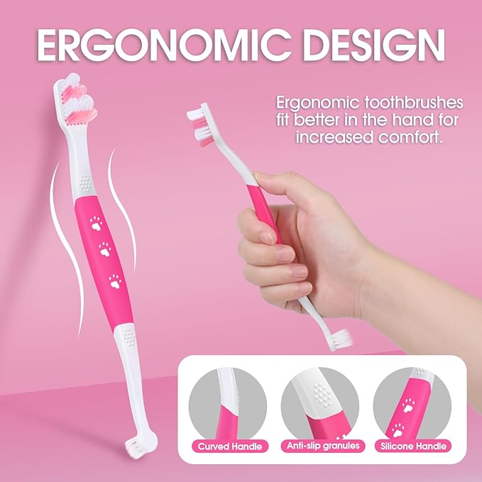 Dog Toothbrush – Newly Upgraded Dual-Head Design with 60° Wavy Bristles – Gently Surrounds Teeth for Deep Cleaning and Plaque Removal – Non-Slip Handle, Ideal for Daily Pet Dental Care (Pink, 2-Pack)