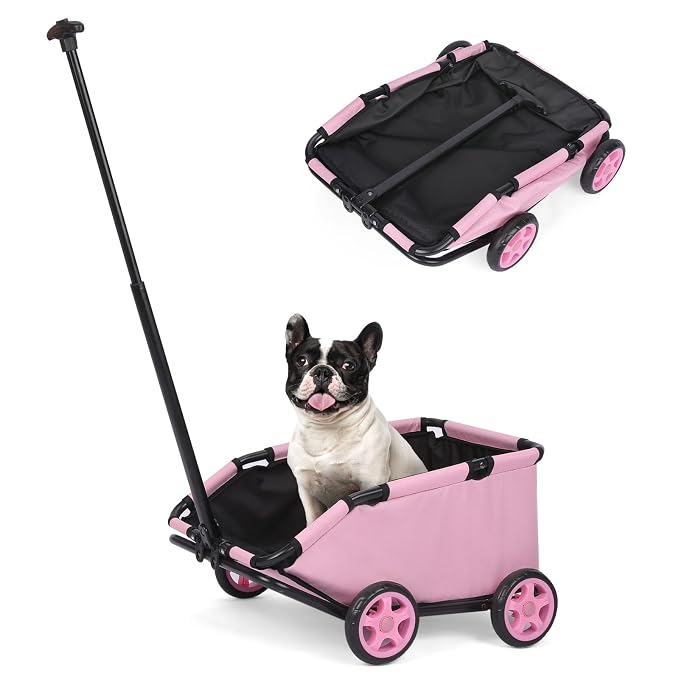 Mini Dog Strollers for Mini Pets, Foldable Multifunctional Shopping Carts with Extendable Pull Handle, Doggie Wagon Built-in Cushion and Safety Rope with Storage Bag (Pink)