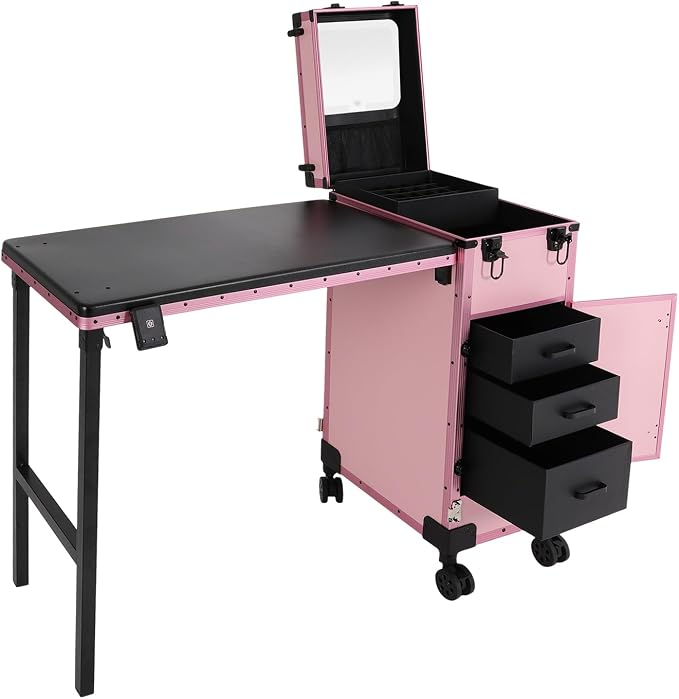 Portable Rolling Travel Nail Desk, Foldable Nail Tables Travel Cosmetic Trolley Storage Organizer with LED Mirror & 3 Drawers for air Stylists Pet Groomers Makeup Artists Salon (Pink Black)