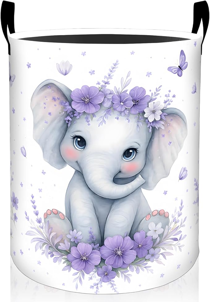 Elephant Laundry Basket, Purple Floral and Butterfly Oxford Cloth Dirty Clothes Collapsible Hamper for Room Decor, Cute Animal Gifts, Toy Organizer 19.7 x 15.7 Inches for Bedroom Bathroom Dorm