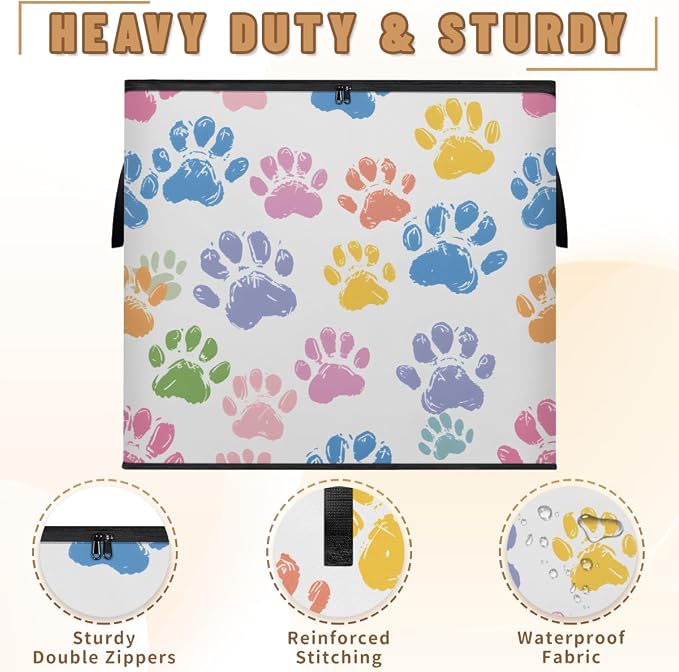 Colorful Dog Paw Large Storage Bags, Fabric Bed Storage Containers, Foldable Closet Organizers for Blanket, Clothing, Comforter, Bedding, Paw Print