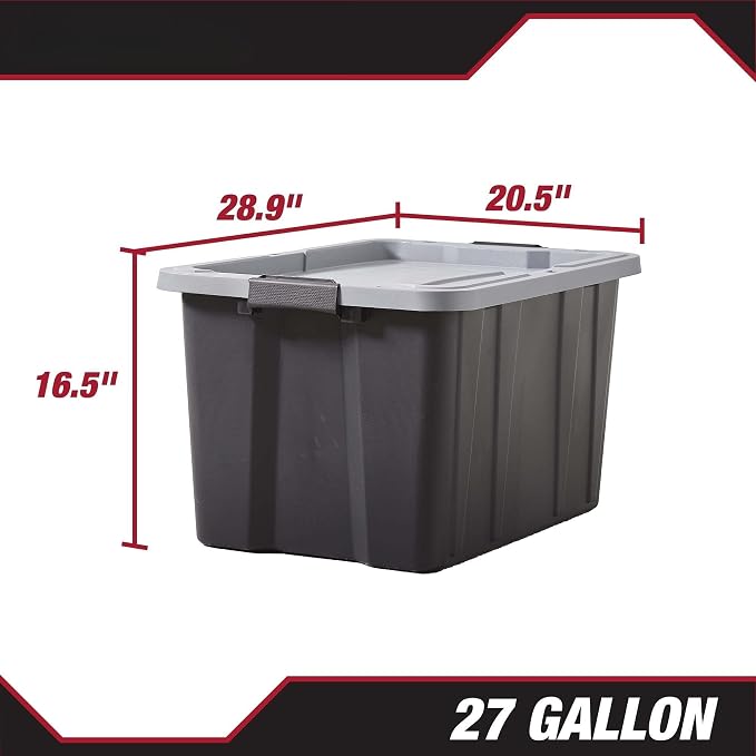 27 Gallon Heavy Duty Plastic Storage Bin With Latch Lid, Black Base & Gray Stackable Lockable Container With Ergonomic Handles For Garage Basement Shed Indoor & Outdoor Gear Organizer