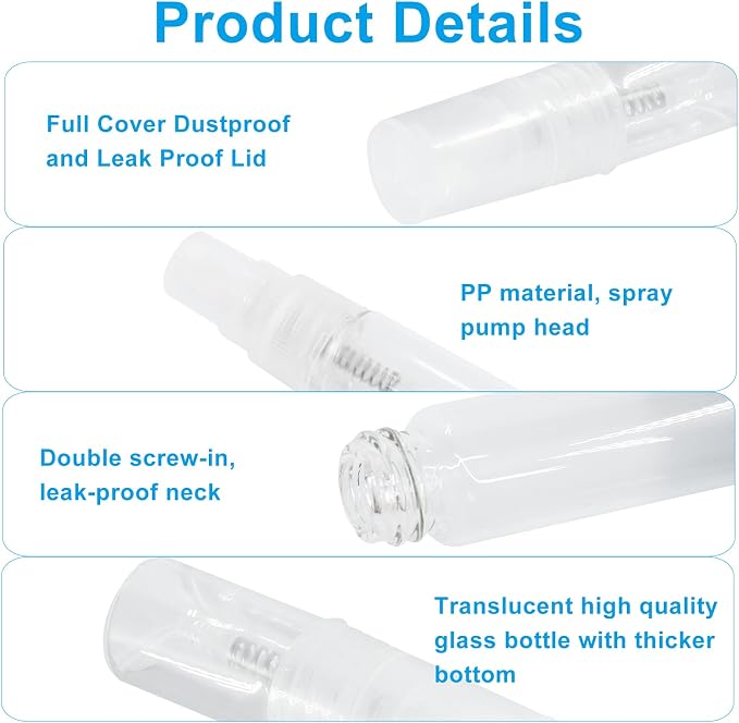 2ml Mini Spray Bottle, 10 Pack Glass Refillable | Fine Mist Travel Atomizer, For Fragrance Oils & Perfume, Small Sample Containers, Clear