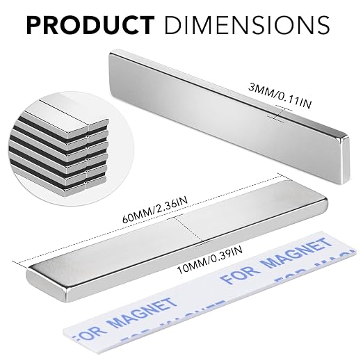 Strong Neodymium Magnets with Adhesive Backing, 50 Pack, 60x10x3 mm | Powerful Rare Earth Bar Magnets, Waterproof Black Magnetic Magnet Strips Heavy Duty for Craft, Kitchen, DIY, Office