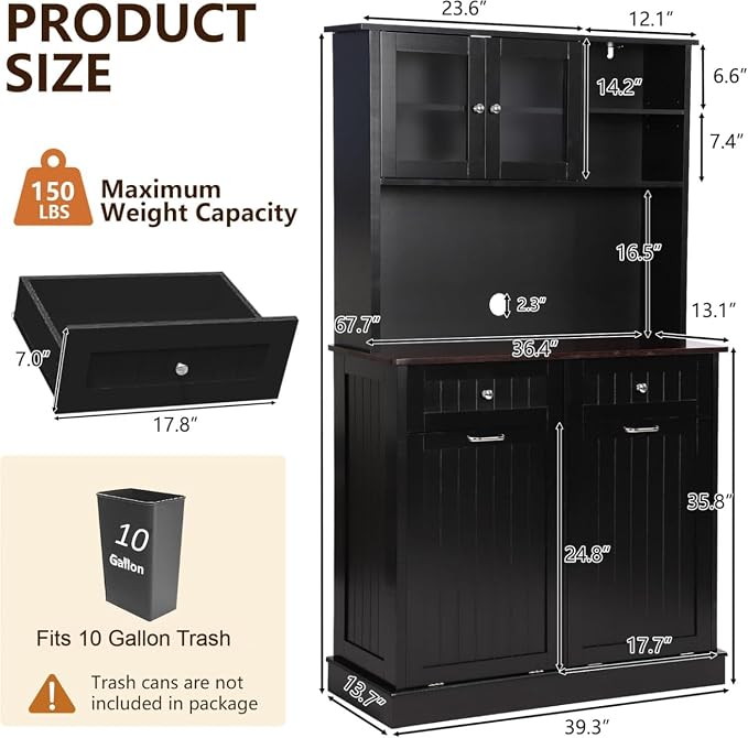 68.4" Kitchen Pantry Storage Cabinet, Freestanding Cupboard with Shelf, 2 Drawers and 2 Tilt Out Trash Cabinet, Tall Cabinets for Kitchen, Dinning Room, Living Room (Glossy Black, Double Tilt)