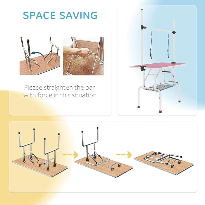 Pet Dog Grooming Table, Foldable Stainless Steel Pet Drying Grooming Table Up to 330lbs, Professional Bathing Desk for Dogs at Home with Adjustable Overhead Arms, Noose, Mesh Tray, 42''/Pink