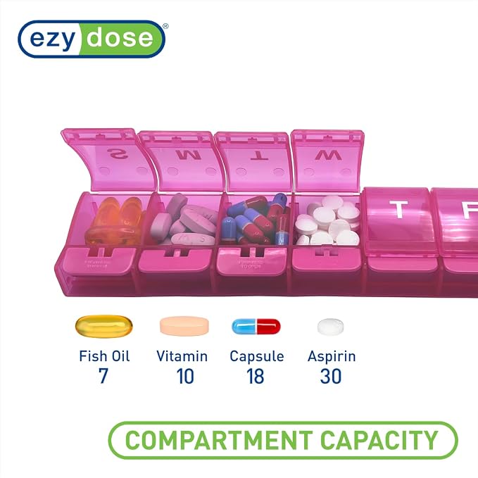 Ezy Dose Weekly (7-Day) Pill Organizer, X-Large Medicine Planner, Pink | Daily Vitamin & Supplement Case, Spacious Push-Button Compartments, Convenient & Easy to Use, Travel-Friendly, BPA-Free