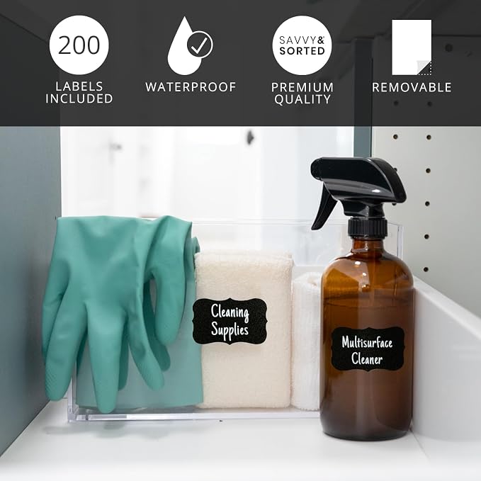 200 Chalkboard Labels for Containers - Waterproof Black Jar Labels with Chalk Markers, Reusable Chalk Stickers Kitchen Pantry Containers and Storage Bin Organization